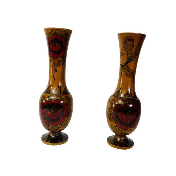 Vintage Set of 2 Wooden Vases Roses Floral Landscape South Western Mexican Decor - Picture 15 of 16